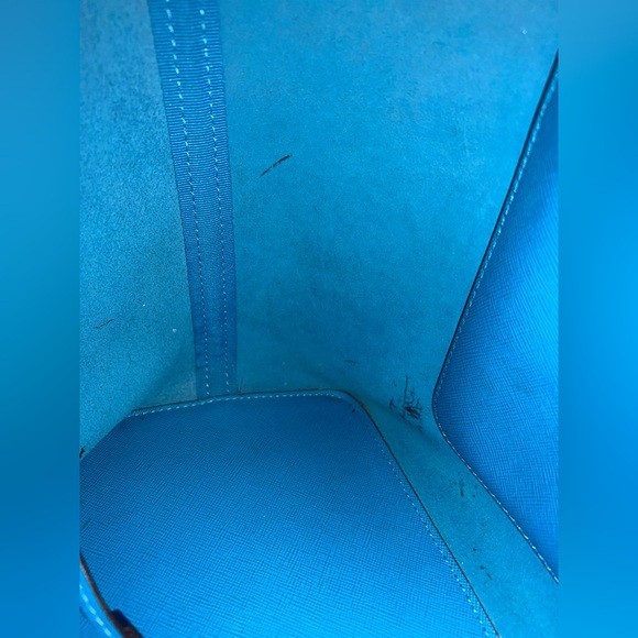 MICHAEL Michael Kors Blue and White Striped Tote with Brown Leather Straps - Picture 9 of 14